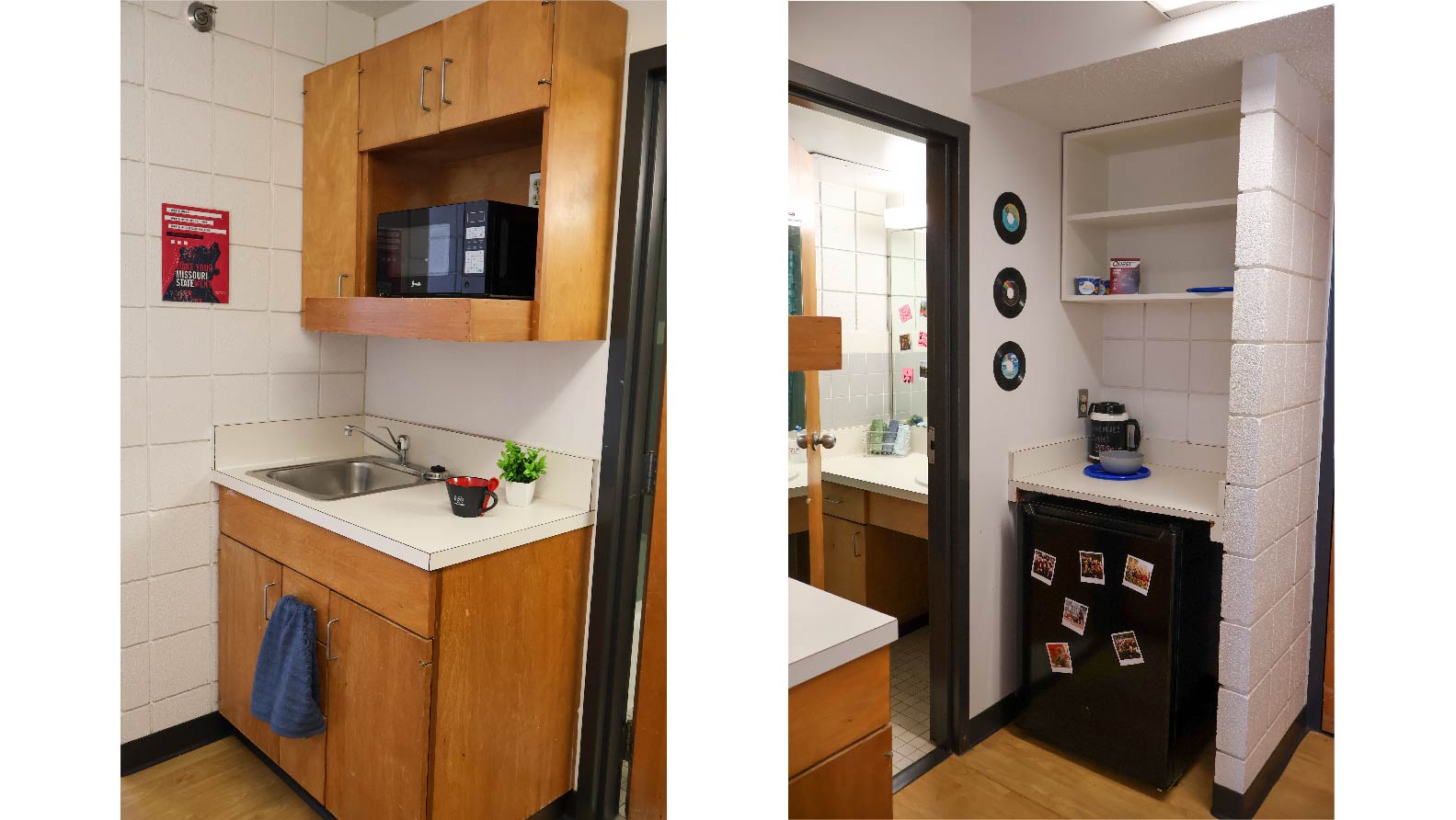 kitchenette with upper and lower cabinets microwave sink and midsize fridge