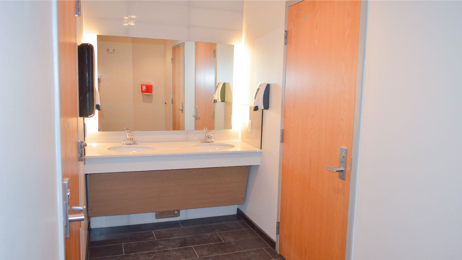 Heitz single user private bathroom common area with sinks and mirror