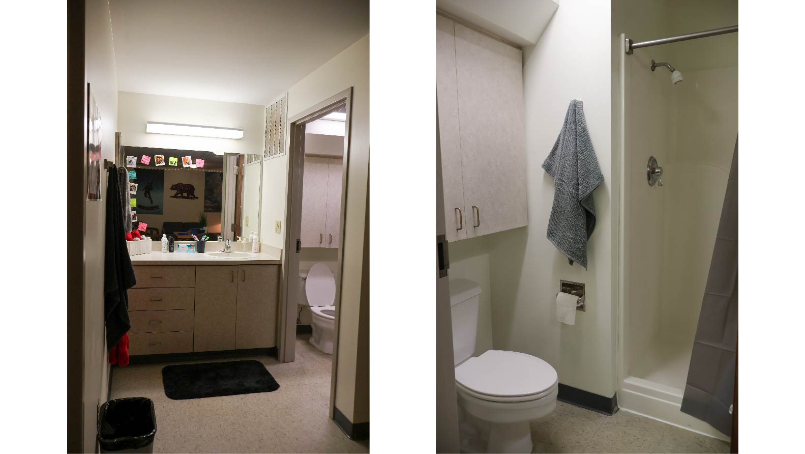 Scholars House En-suite vanity area countertop sink large mirror cabinets microwave and mini fridge