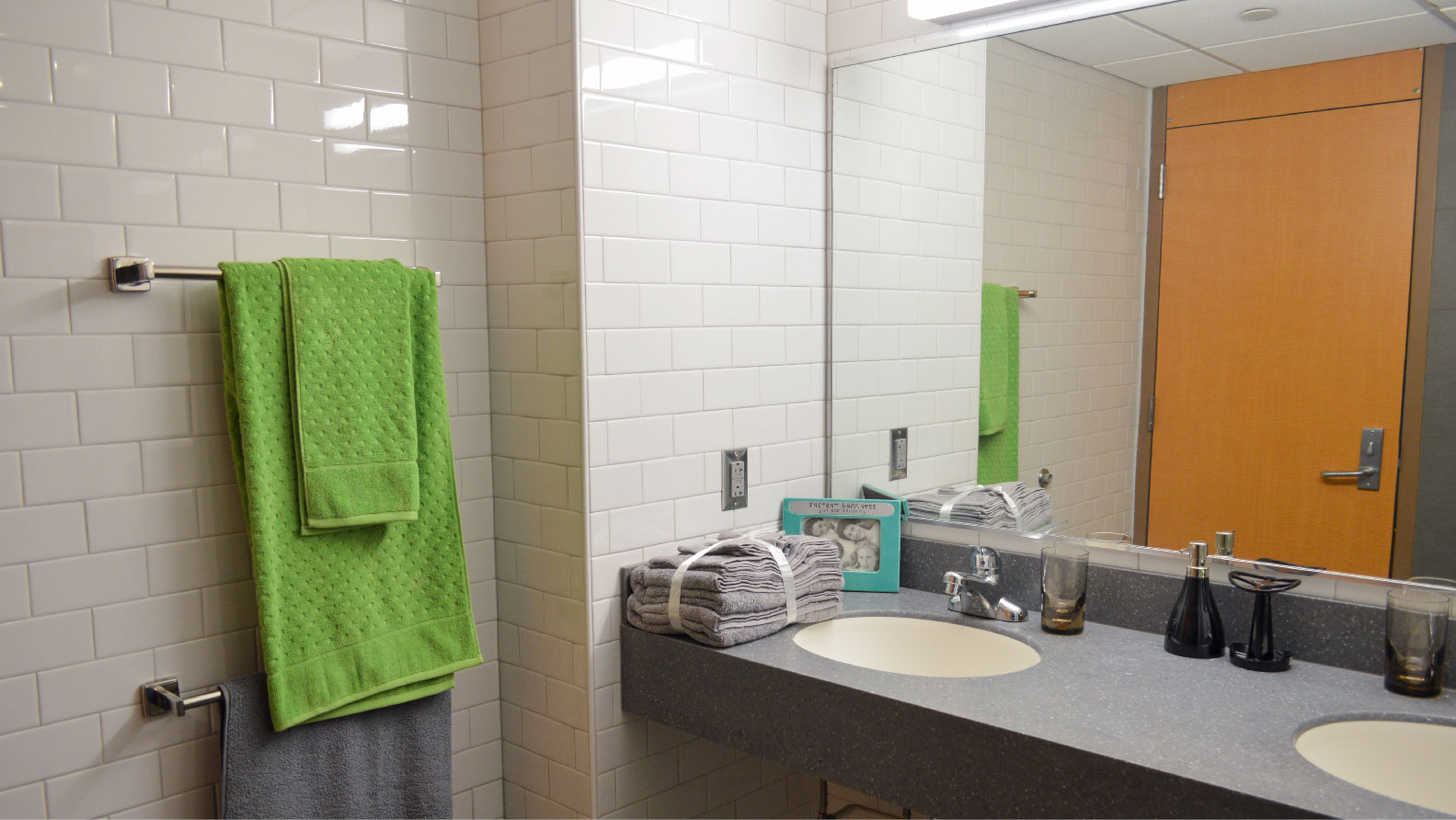 Blair-Shannon bathroomvainty with 2 sinks mirror and towel bars