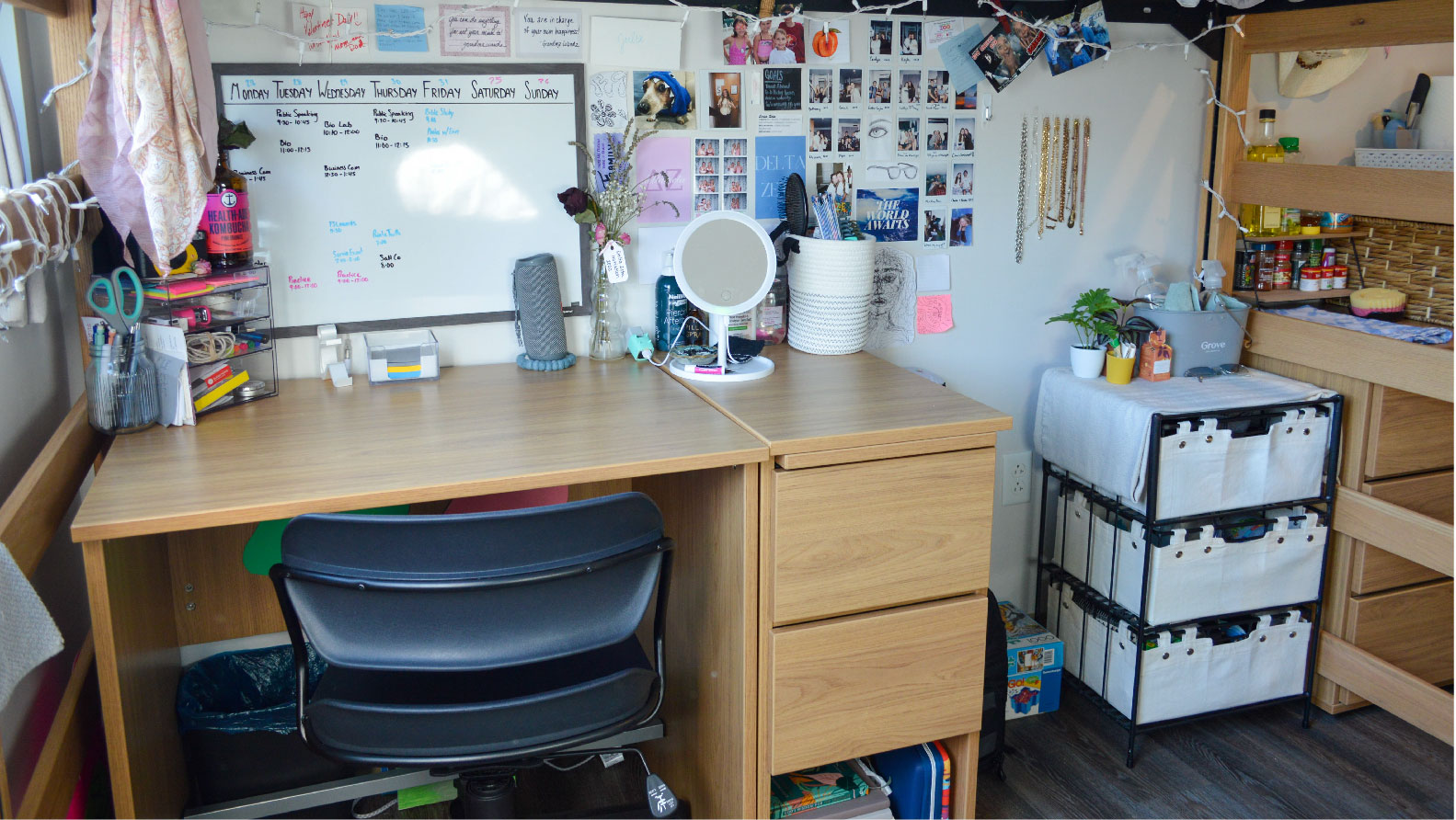 desk with school supplies under lofted bed