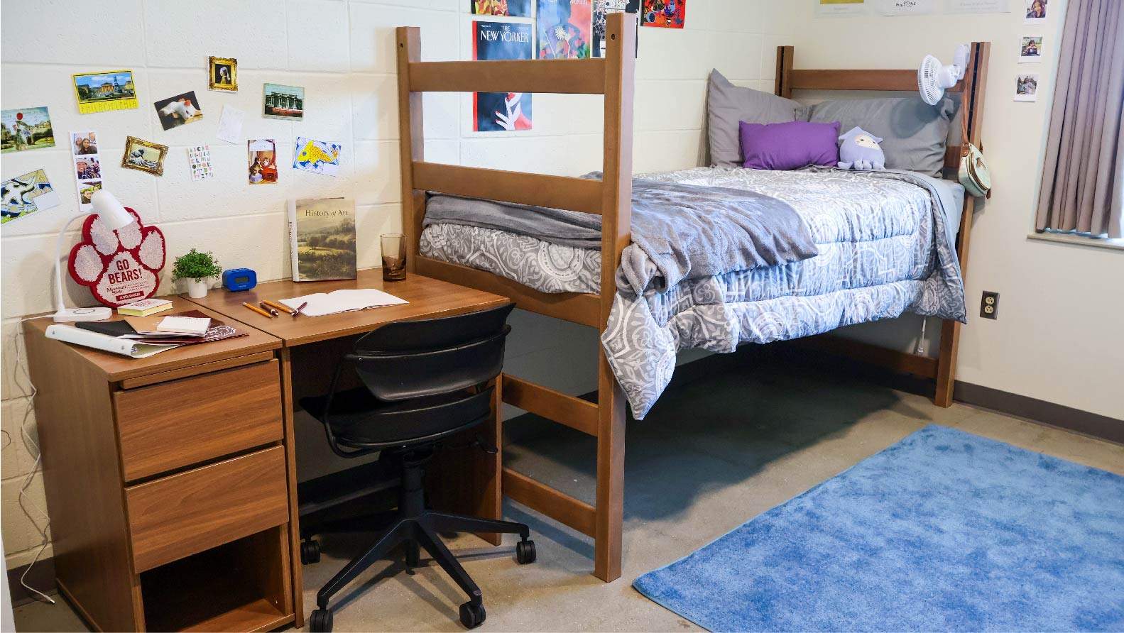 Woods Bedroom with 2 lofted beds desk and chair 3 drawer chest under bed mini fridge microwave