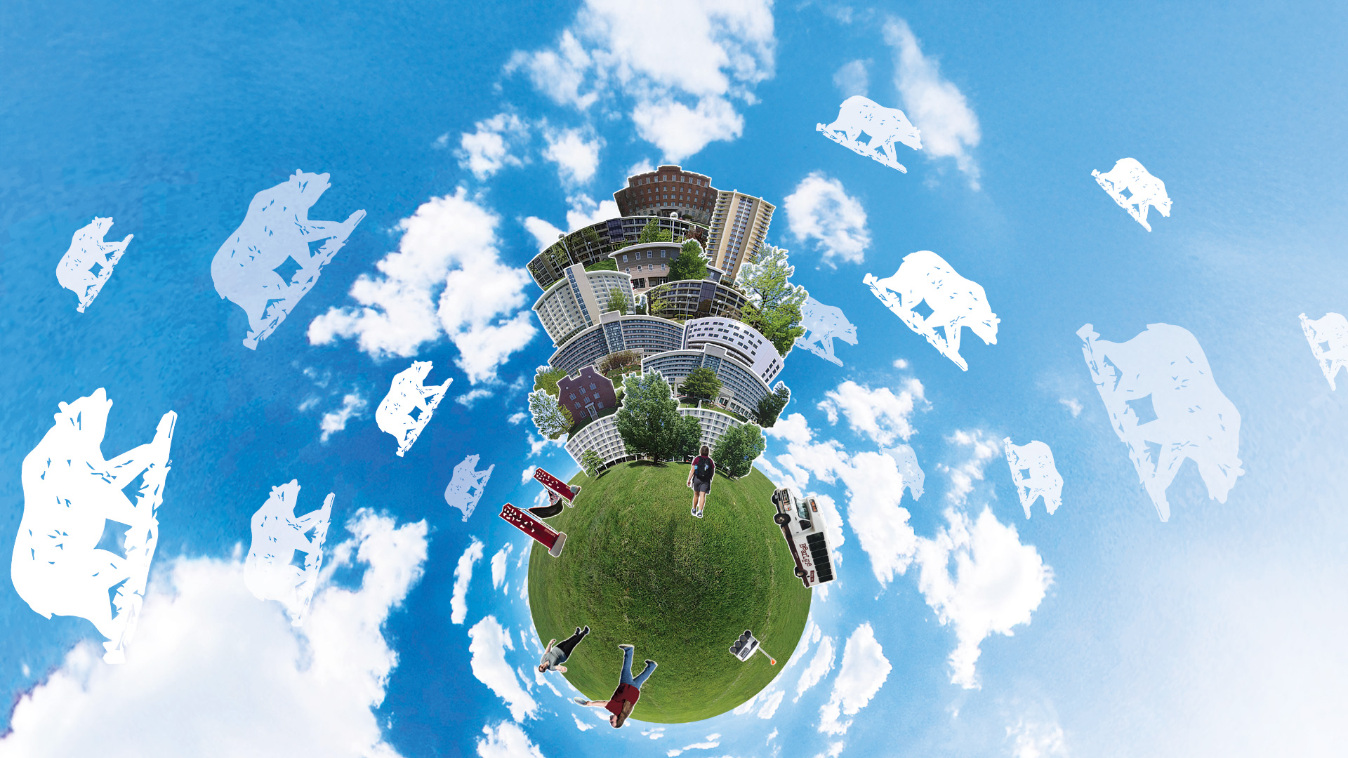 Photo collage of residence halls surrounding a tiny grass planet floating in a blue sky with clouds