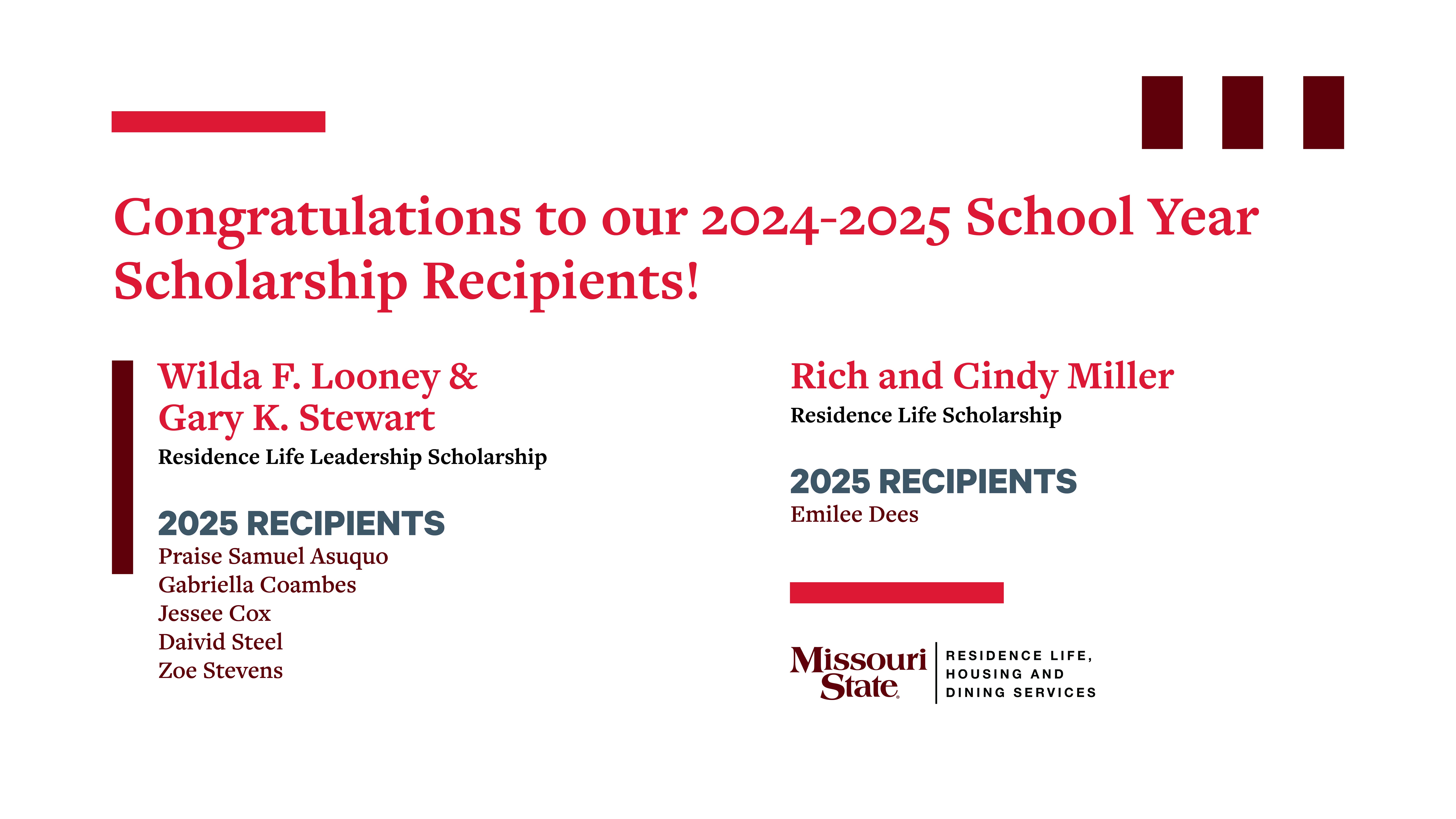 Residence Life Scholarship Recipients