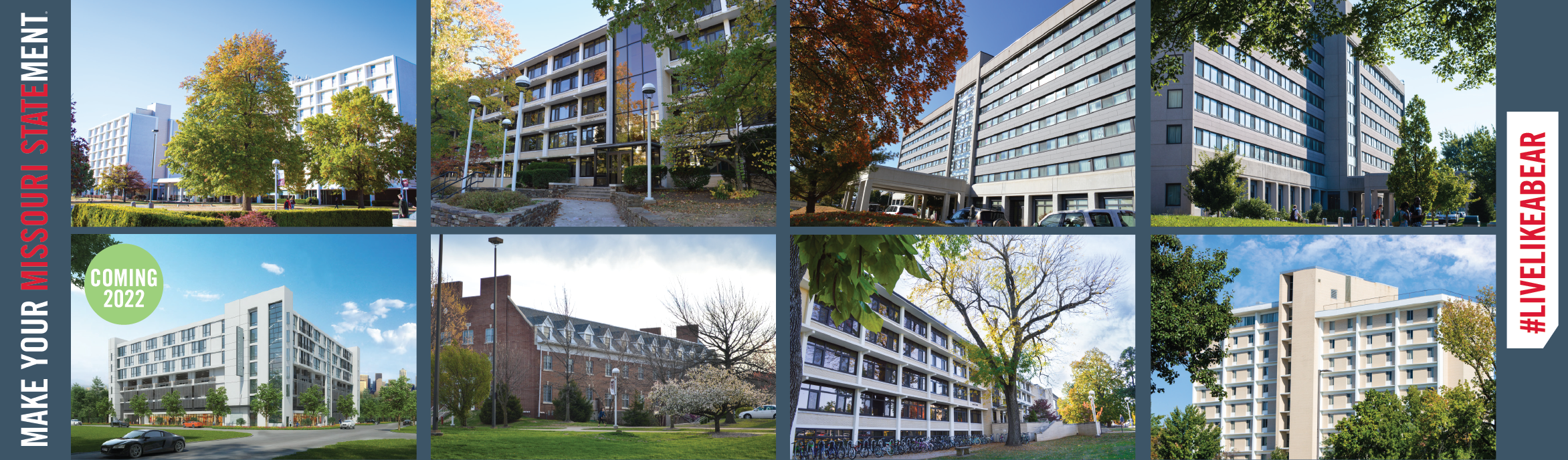 Collage of exterior images of residence halls at Missouri State University
