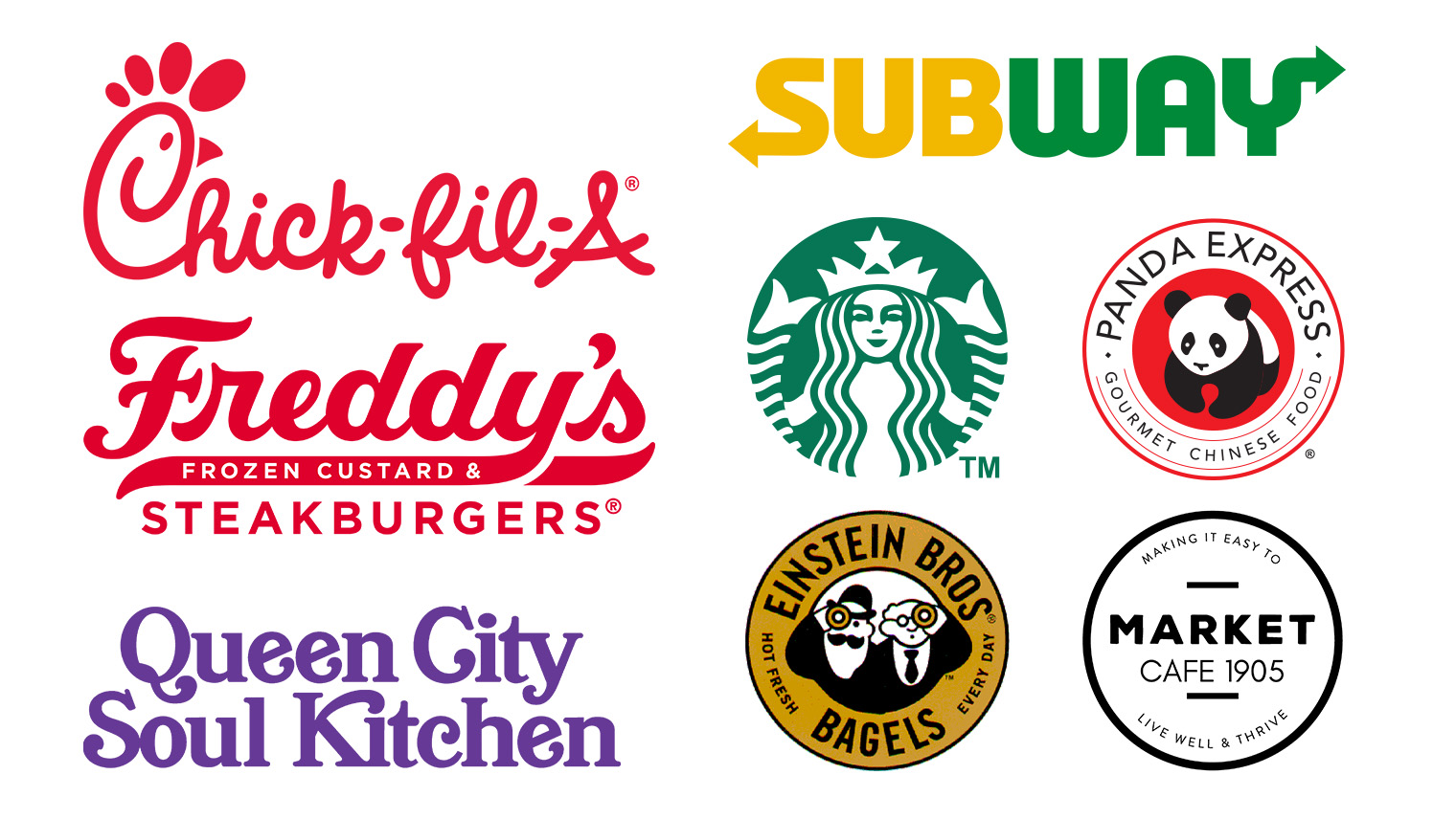 chickfila subway freddys starbucks einstein begels panda express queen city soul kichen and market 1905 logos