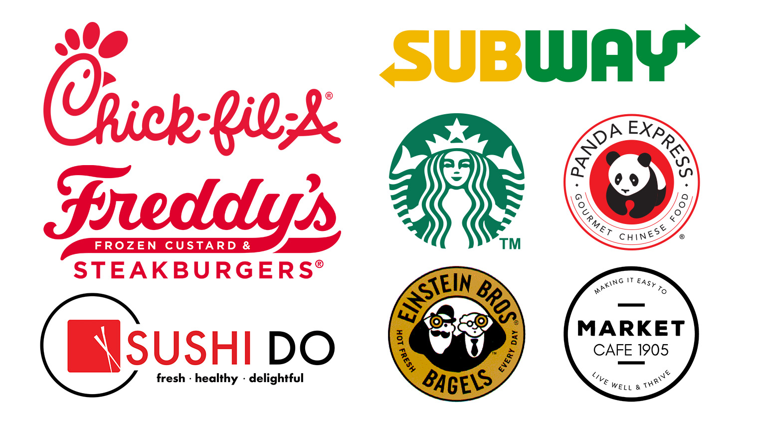 chickfila subway freddys starbucks einstein begels panda express queen city soul kichen and market 1905 logos