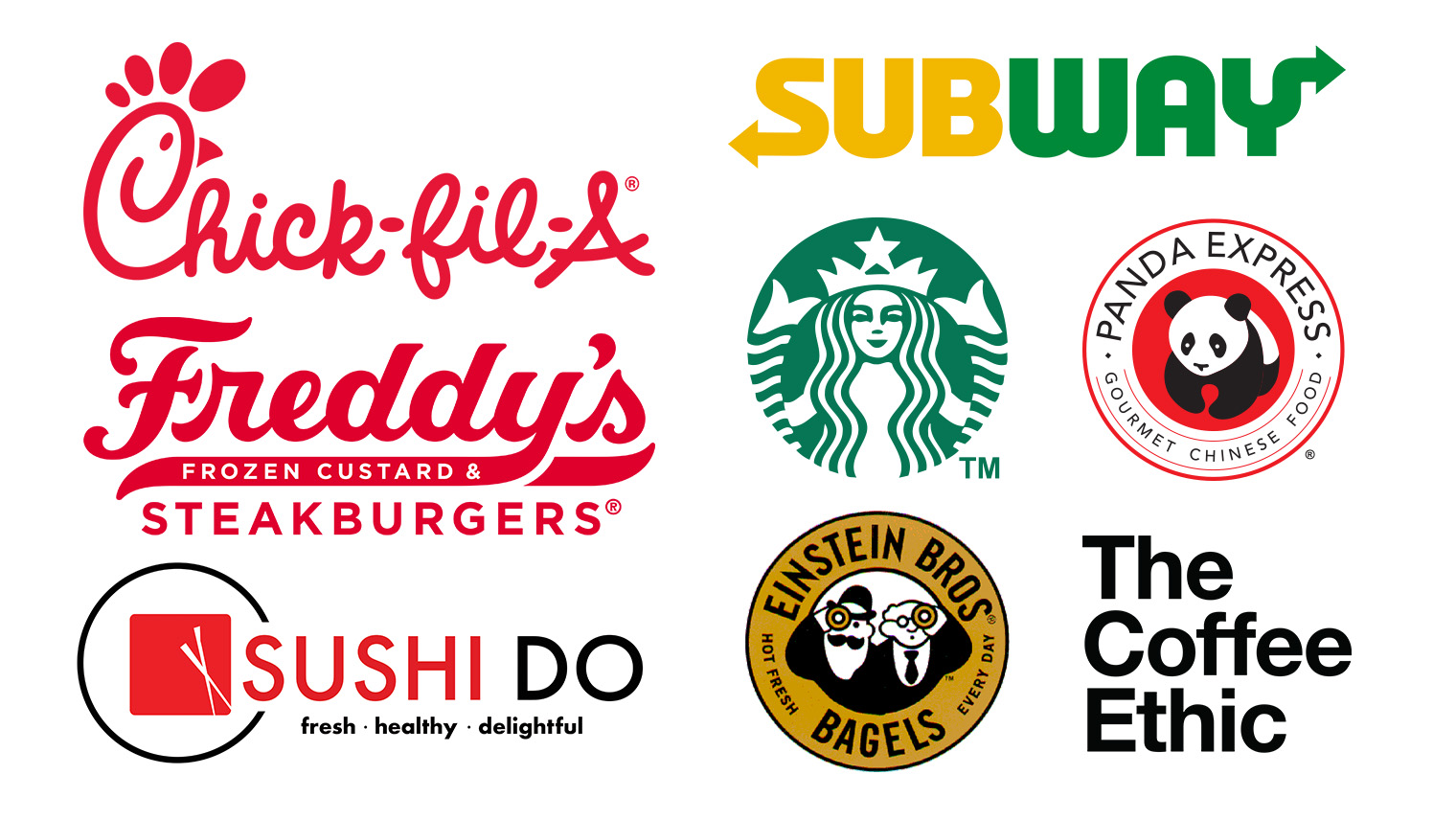 chickfila subway freddys starbucks einstein begels panda express queen city soul kichen and market 1905 logos