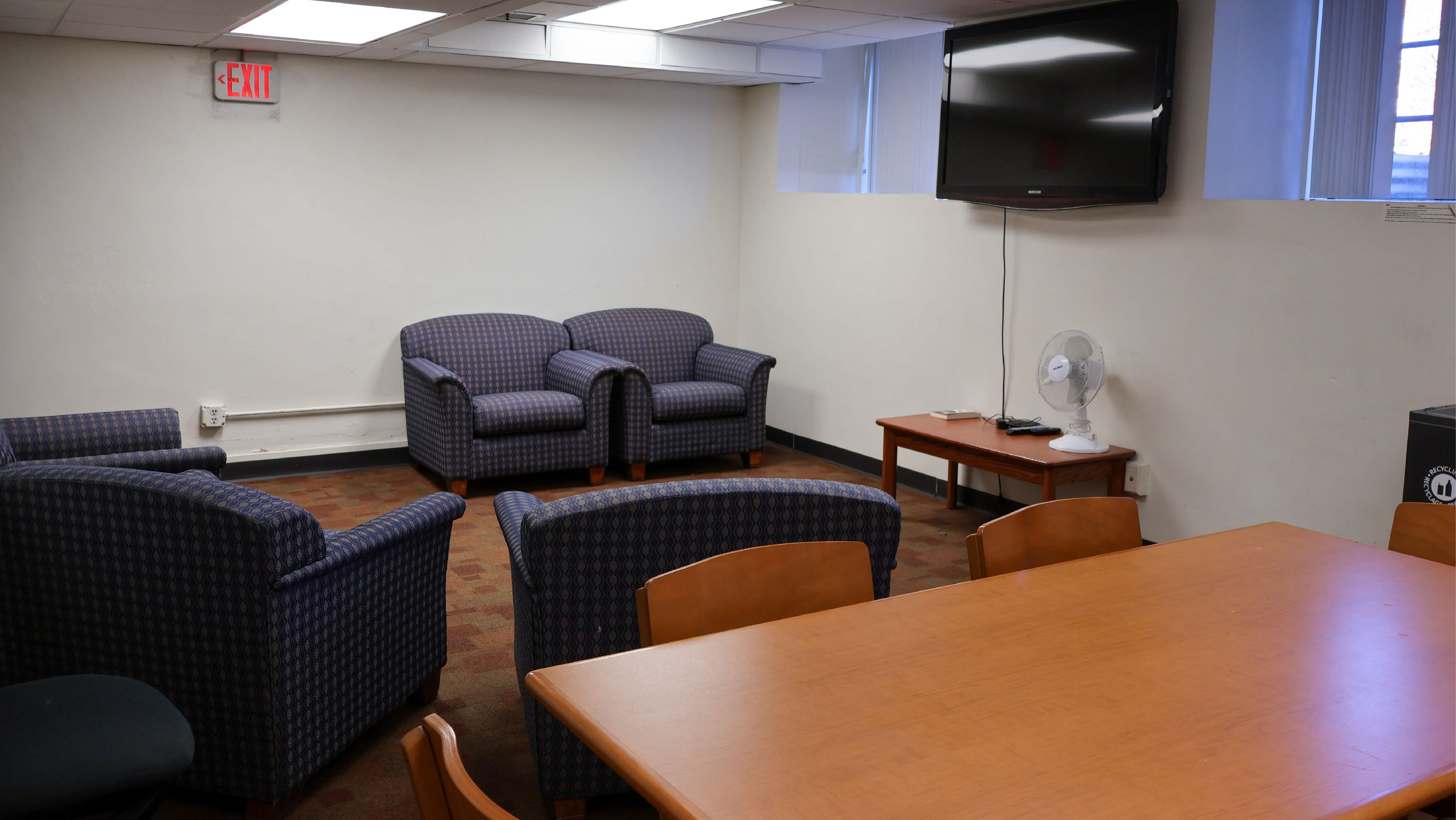 Lounge with sofa chairs and television