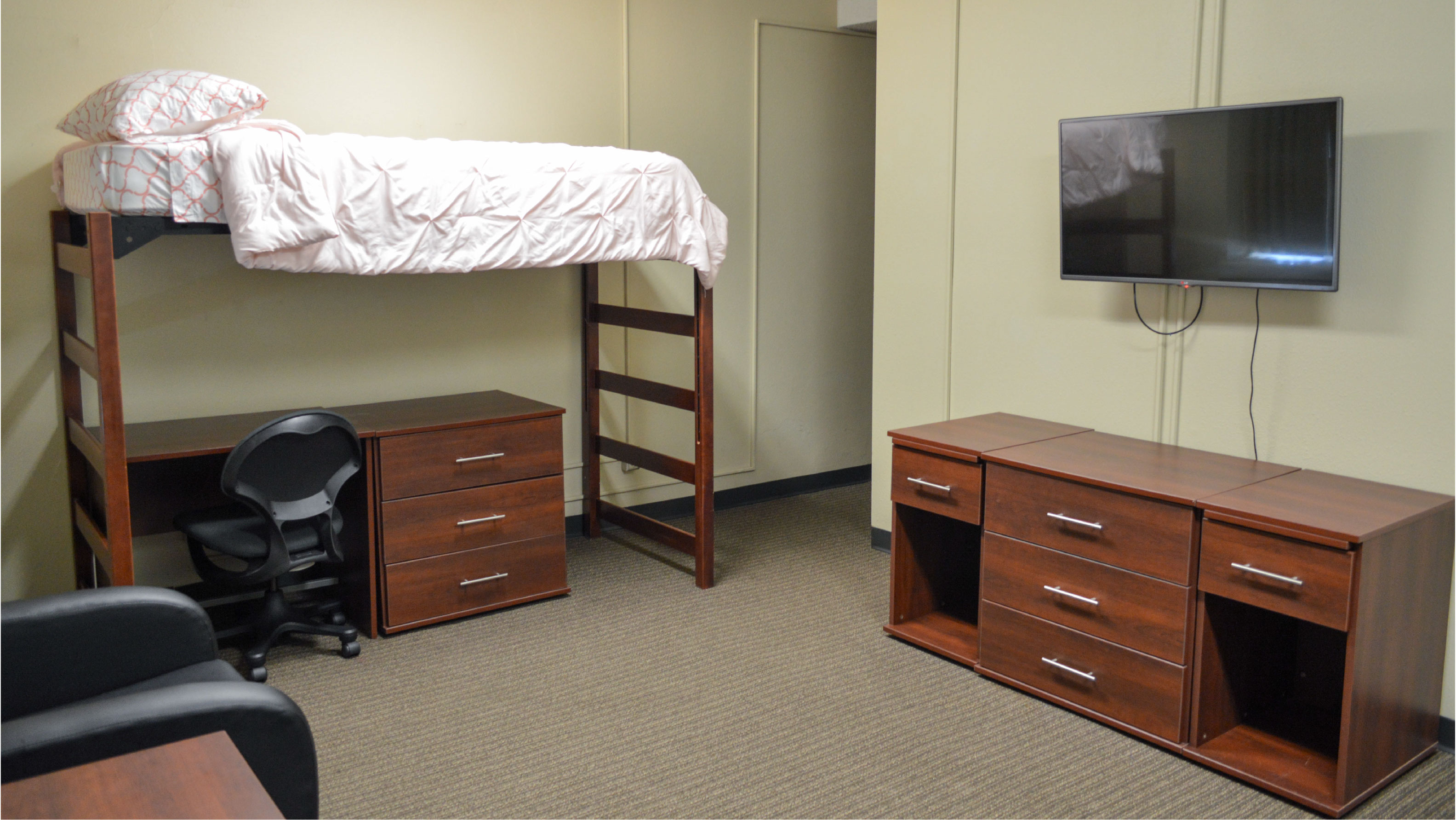 Bedroom with bed tv tv stand desk and under bed storage