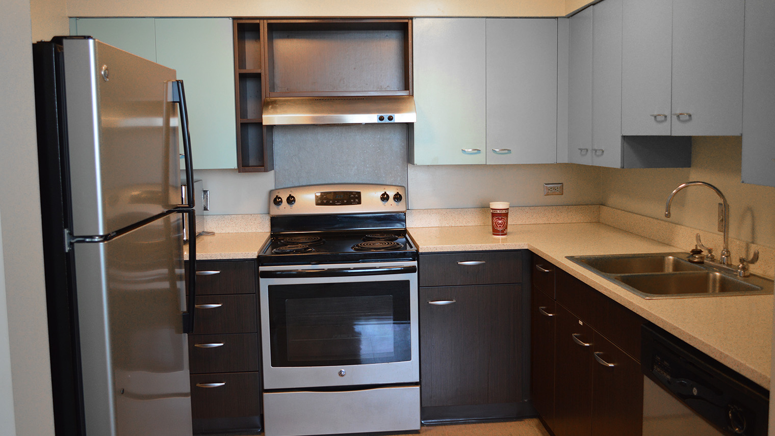 kitchen with cabinets dishwasher fridge stove oven sink and microwave