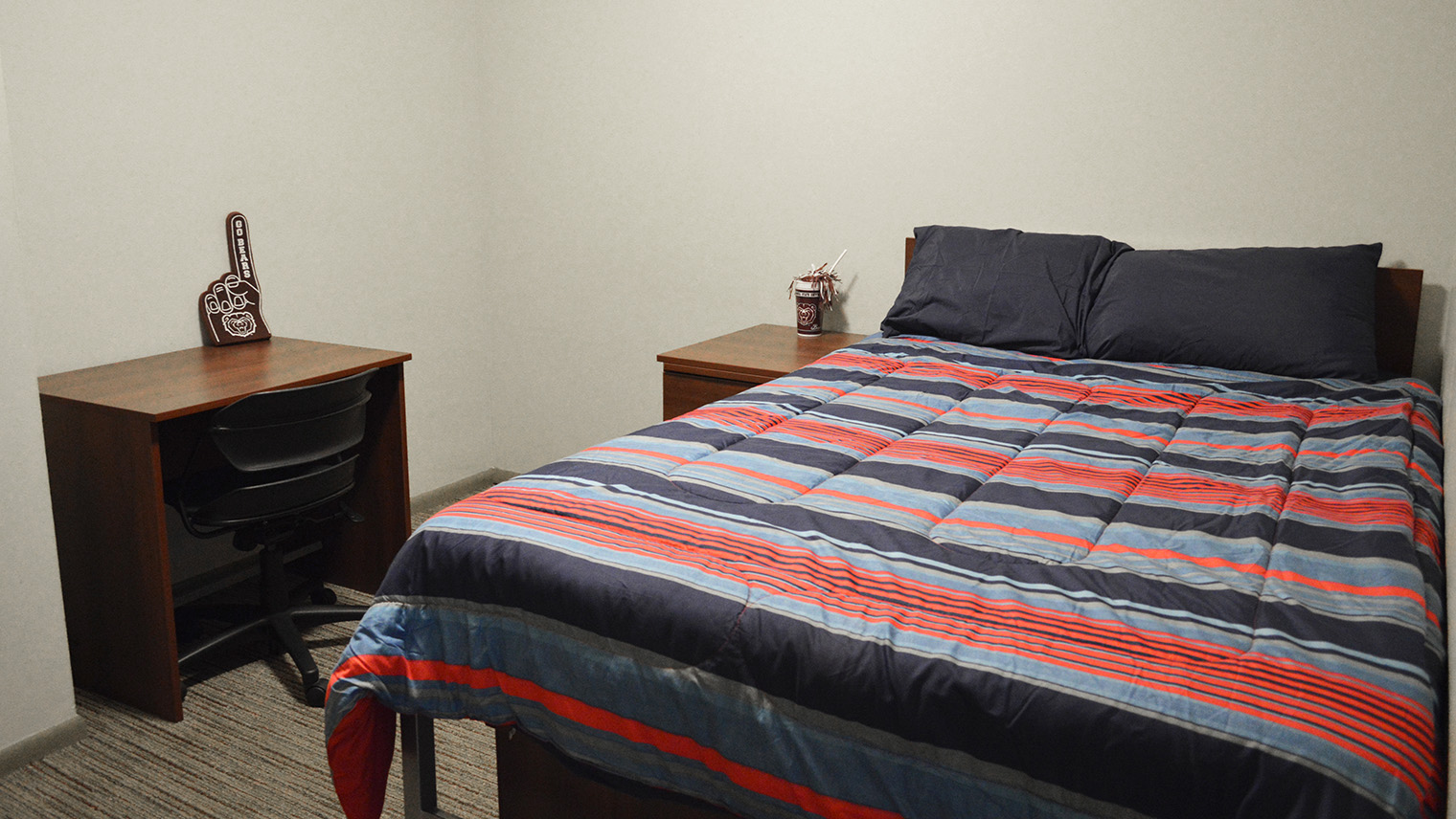 bedroom with one bed desk closet no windows