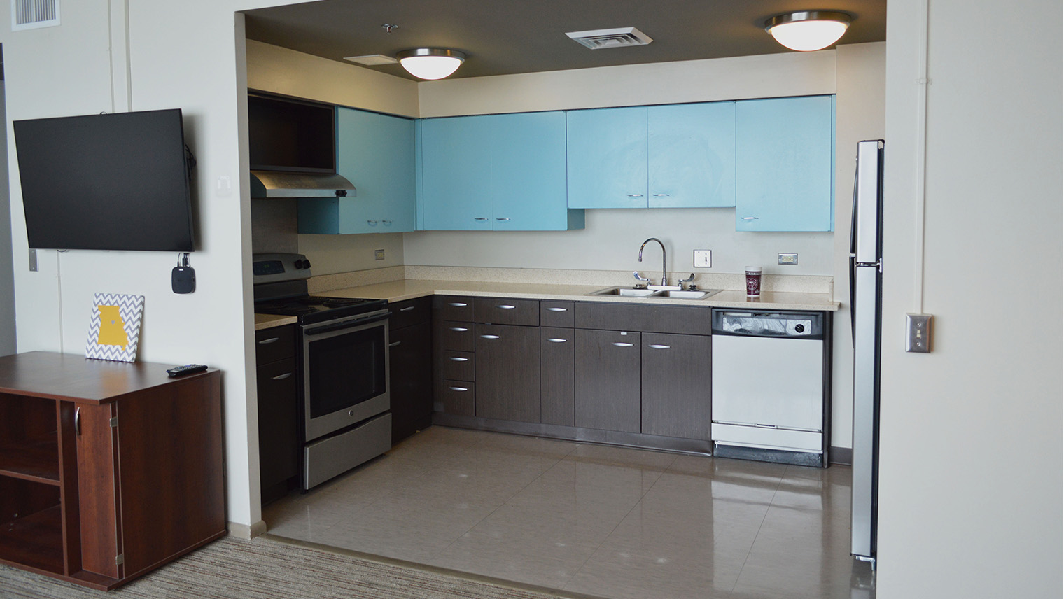 Kitchen with lots of cabinets fridge oven stove microwave and dishwasher